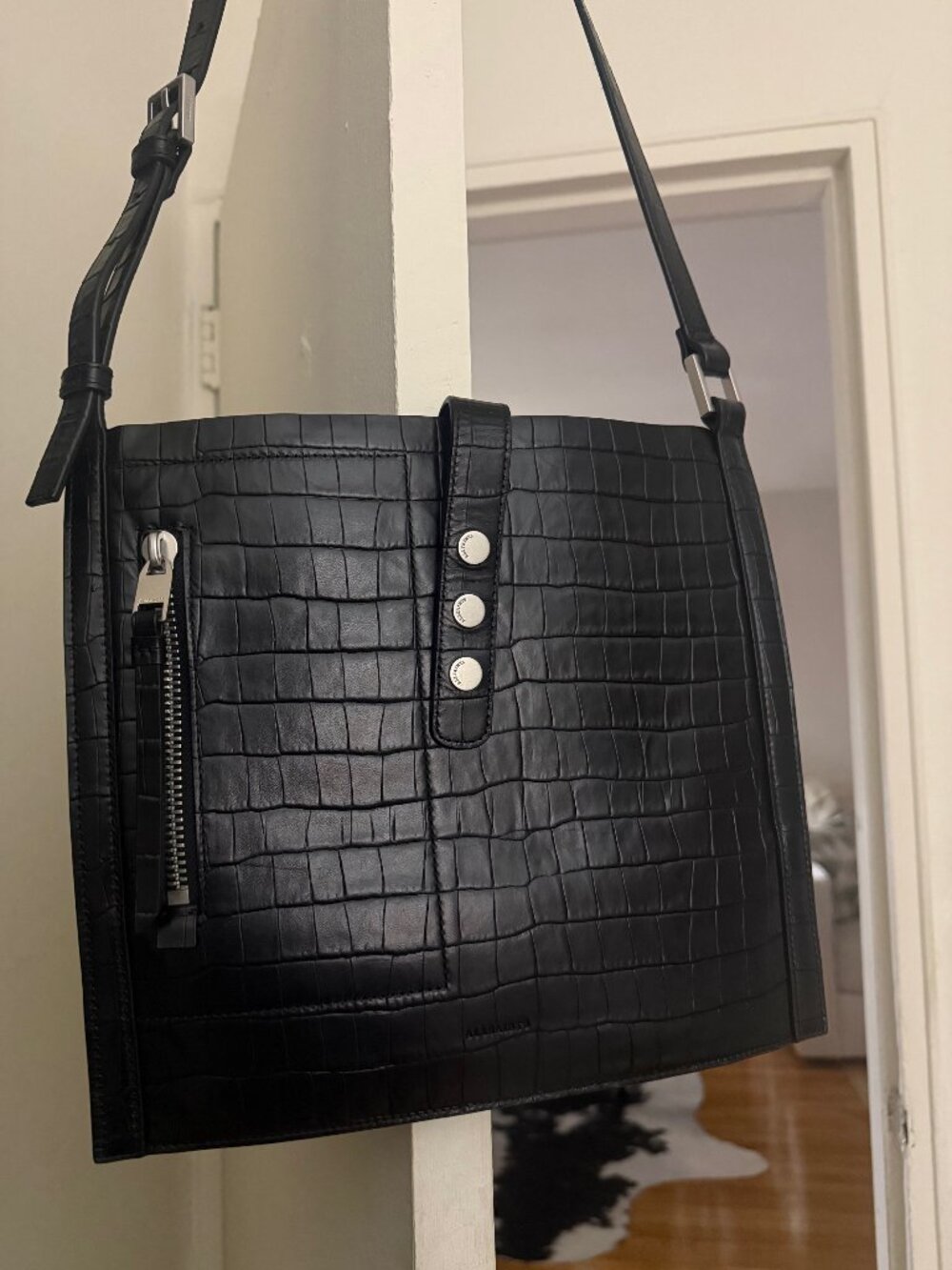 All Saints Black Embossed Croc Crossbody Tote